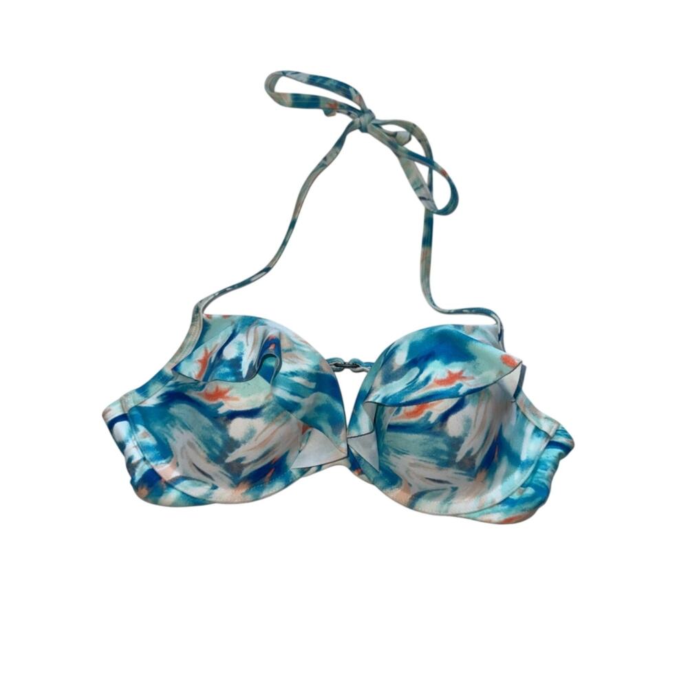 Hollister Teal Blue & White Watercolor Print Bikini Top